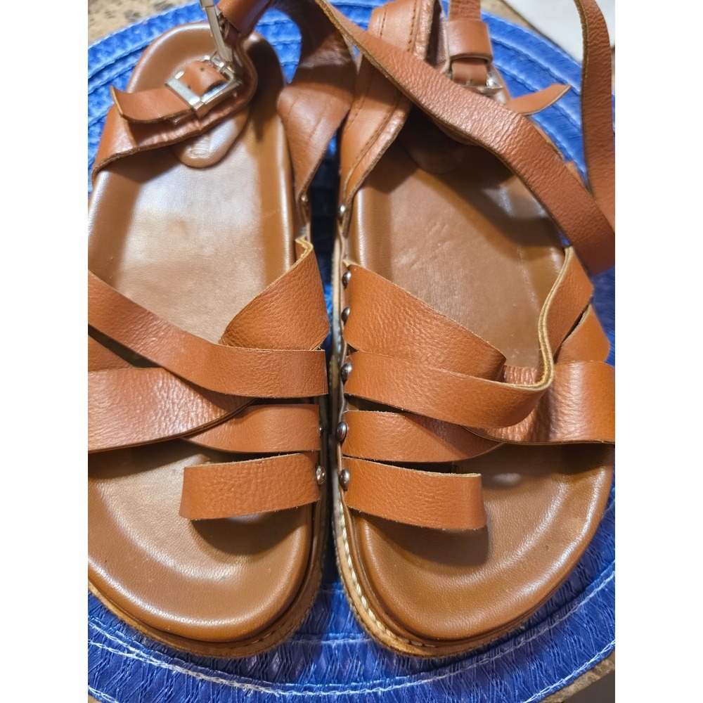 Divine Tribe Womens Leather Gladiator Sandals Cognac Brown Strappy Toe Loop 38 - Picture 2 of 7